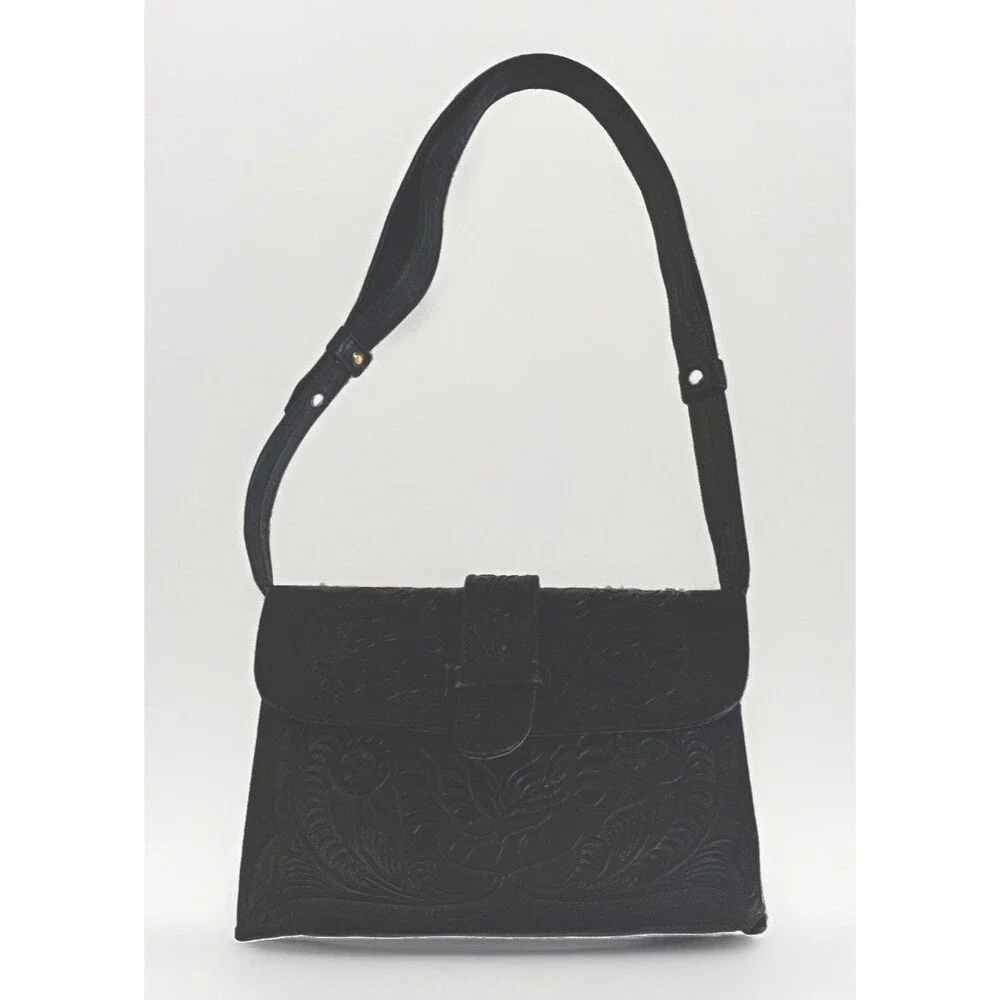 Vintage Black Embossed Leather Western SW Floral Shoulder Bag Purse W/Adj Strap
